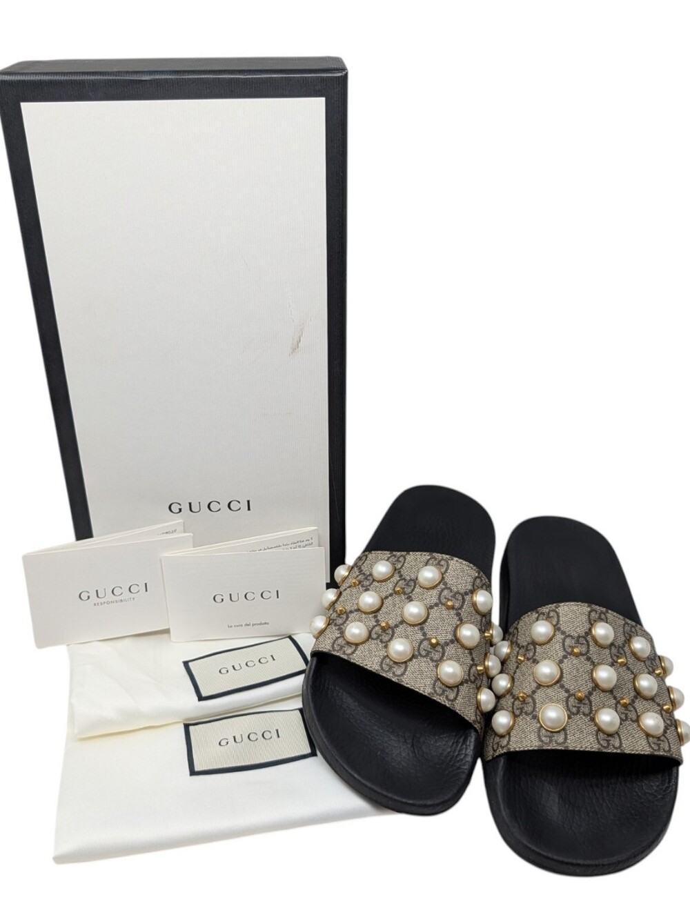 Gucci Pearl GG Web Monogram Supreme Pursuit Slide Sandals Size EU 40